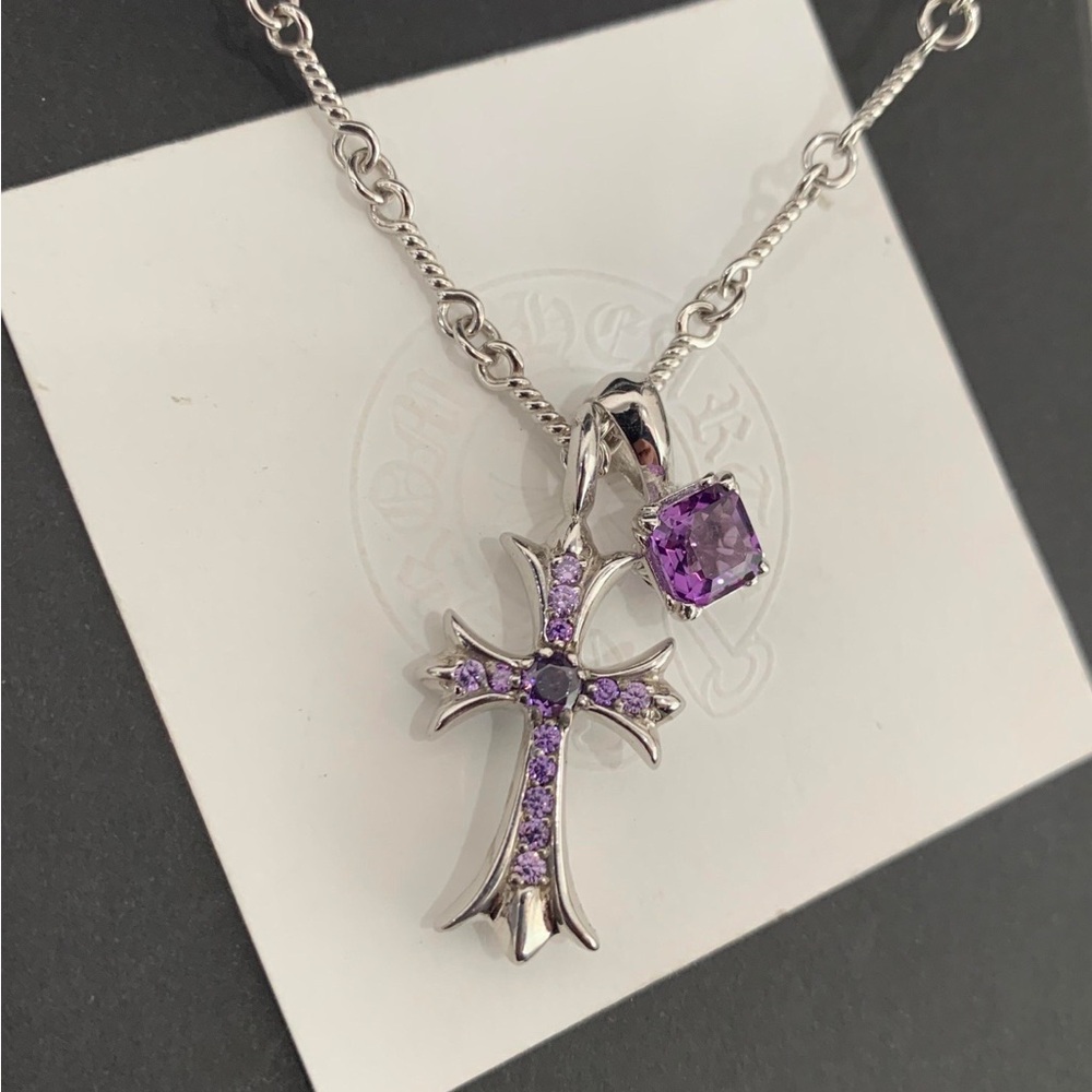 Chrome Hearts Silver Cross Pendant Necklace Purple Stones & Square Charm
